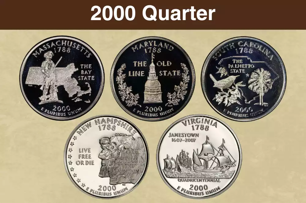2000 State Quarter collection showing all five designs: Massachusetts, Maryland, South Carolina, New Hampshire, and Virginia