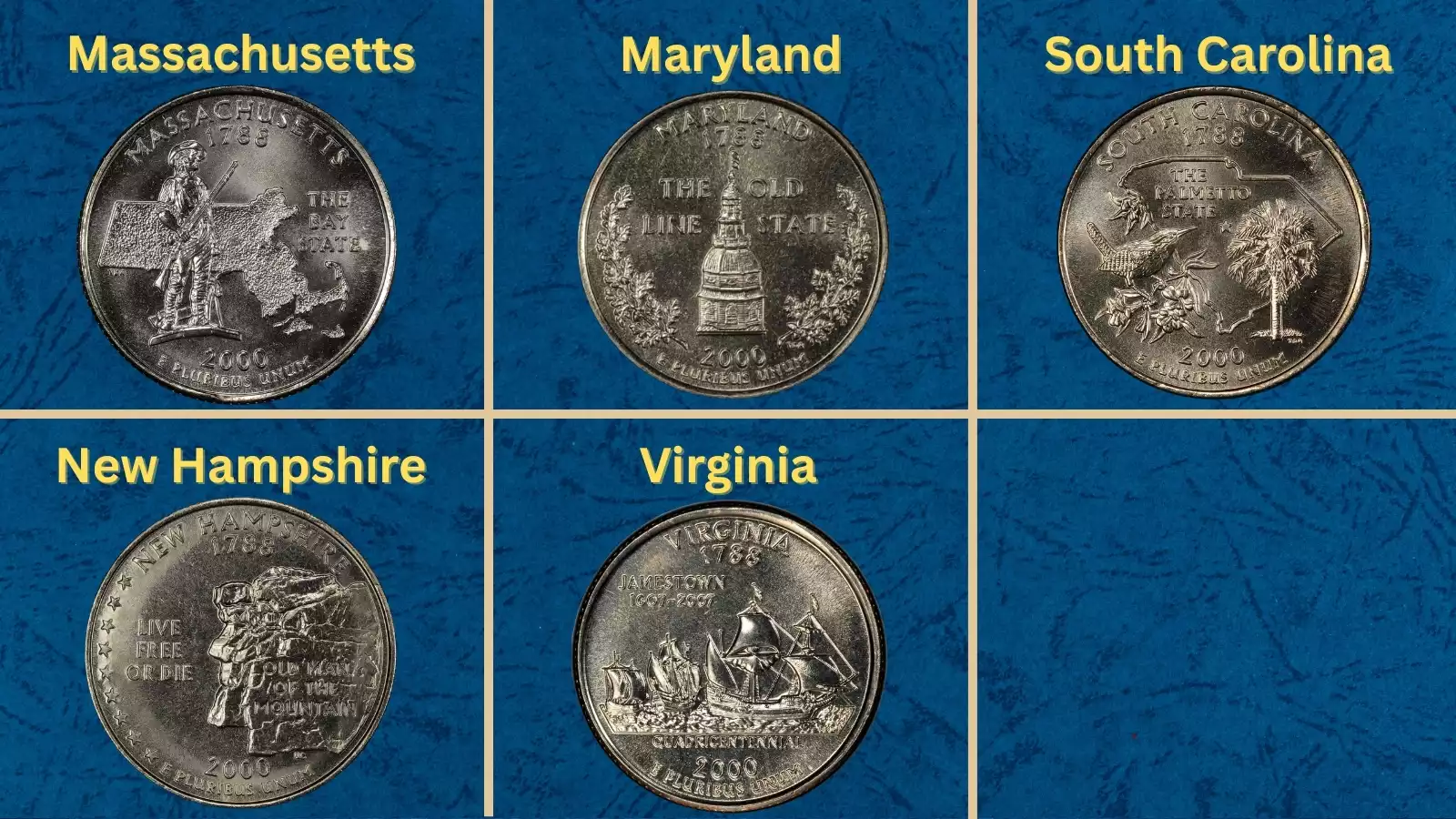 2000 quarter grading strip showing four condition tiers from left to right: worn circulated, EF circulated, MS63 uncirculated, MS67 gem uncirculated