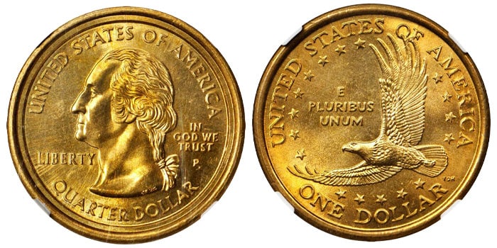 Side-by-side comparison: normal 2000 quarter versus the golden Sacagawea Mule error coin showing the Washington obverse and Sacagawea dollar eagle reverse
