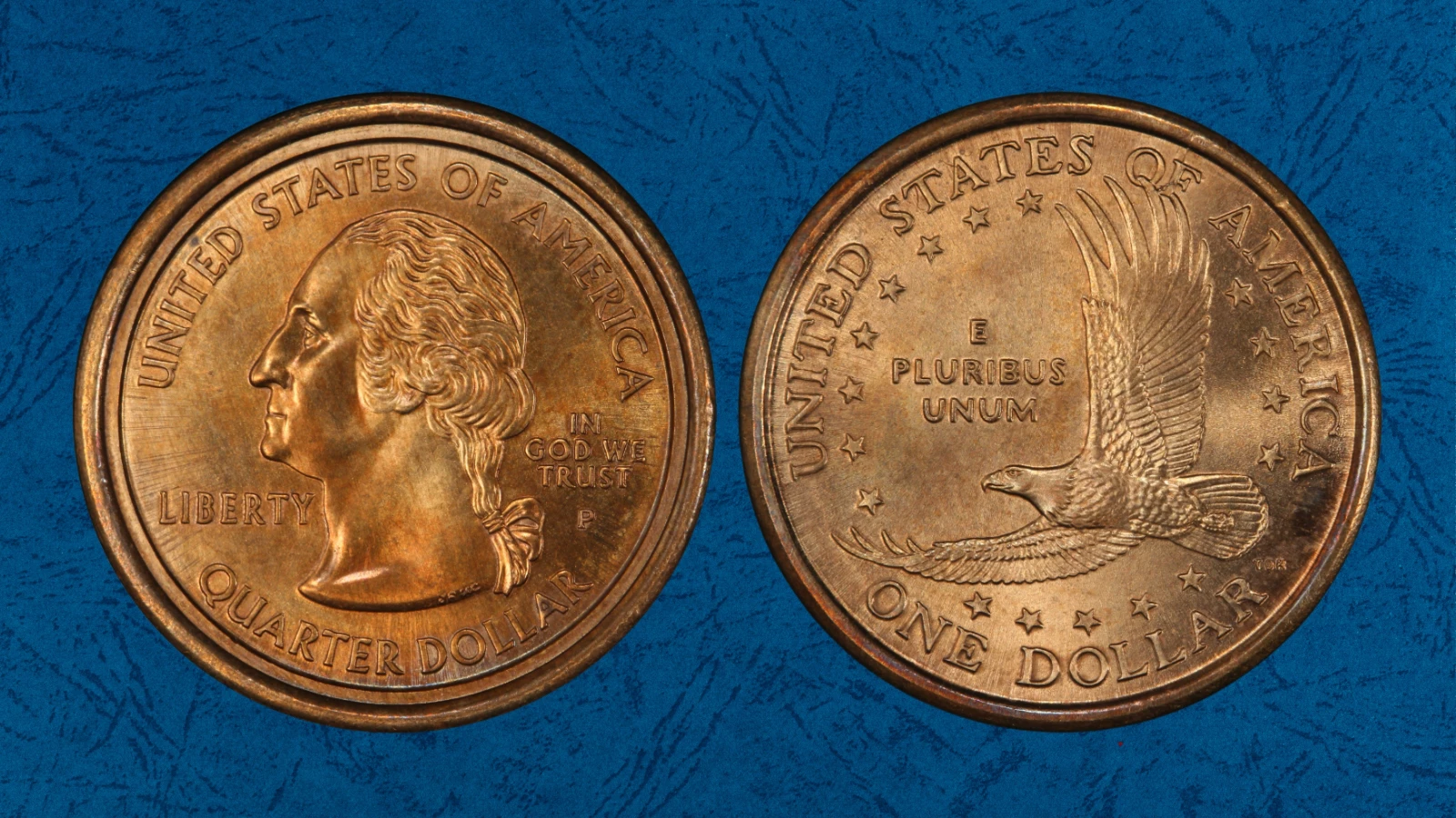 2000 Sacagawea Mule error coin close-up showing Washington quarter obverse and Sacagawea dollar eagle reverse on golden manganese-brass dollar planchet