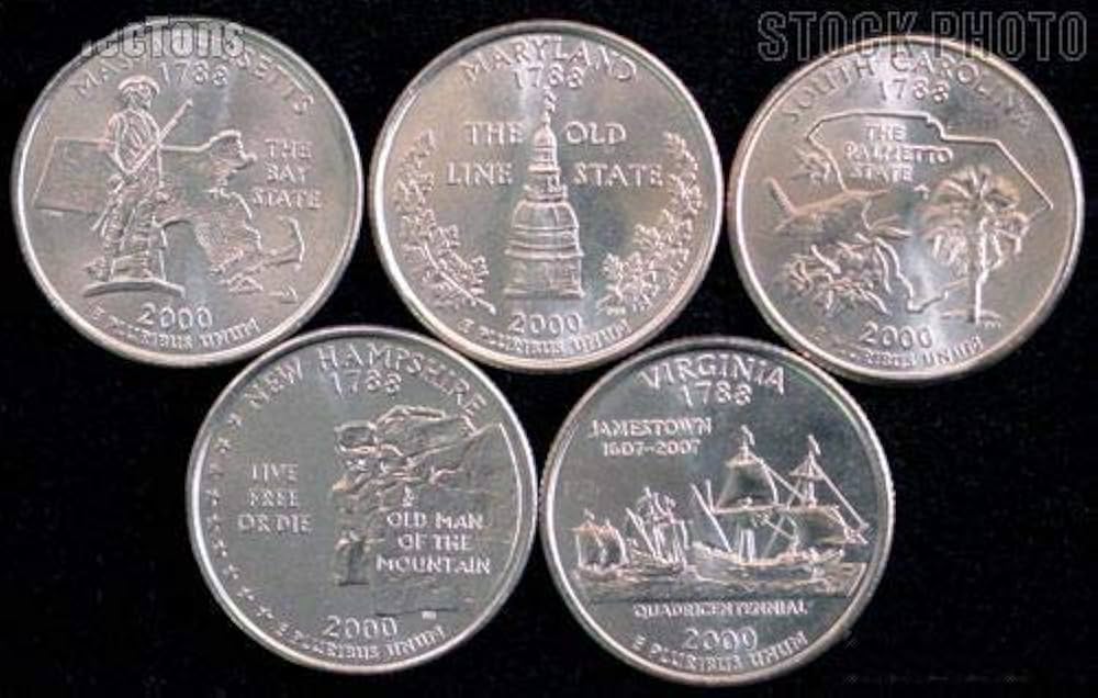 All five 2000 state quarter designs displayed in order of release: Massachusetts, Maryland, South Carolina, New Hampshire, and Virginia
